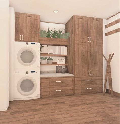 Casual House Decor, Bloxburg Small House Interior, Cute Bloxburg Decor Ideas, Blocksburg Laundry Room Ideas, Bloxburg Downstairs Bathroom, Aesthetic Roblox Bloxburg Houses, Suburban Laundry Room Bloxburg, Aesthetic Home Layout, Bloxburg Home Decor