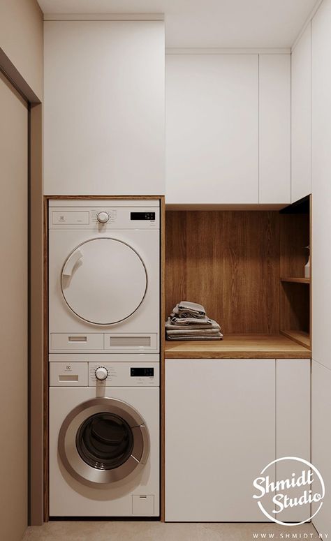 Make Small Built In Laundry Room, Washer In Kitchen, Japandi Laundry Room, Small Bathroom With Laundry, Laundry Apartment, European Laundry, Laundry Room Paint Color, Dream Laundry Room, Laundry Room Closet