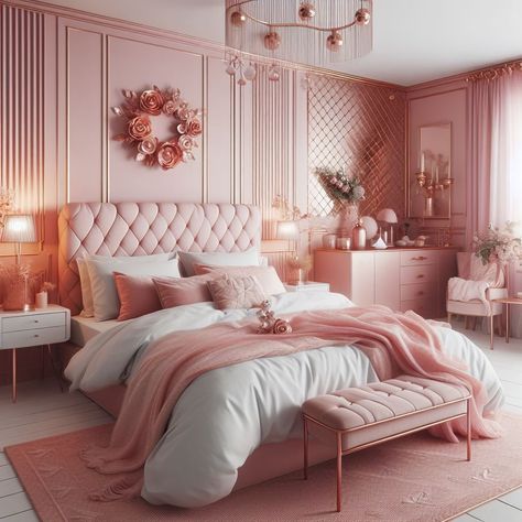 Pink Bedroom Rose Gold Accent Pink Room Aesthetic Ideas, Light Pink Room Aesthetic, Light Pink Room, Pink Room Aesthetic, Retro Bedroom Ideas, Pink Bedroom Decor Ideas, Light Pink Rooms, Room Aesthetic Ideas, Art Deco Bedrooms