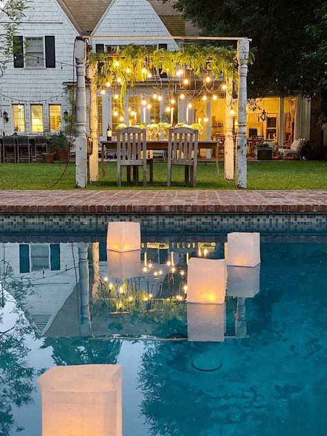 Floating Paper Lanterns, May Day Baskets, Floating Pool Lights, Backyard Dinner Party, Sunday Morning Coffee, Pool Wedding, Floating Lanterns, Pool Lights, Outdoor Dining Room