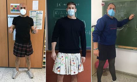 Male teachers turn up in SKIRTS across Spain to support boy who was expelled for wearing one | Daily Mail Online Clothes Have No Gender, Male Teachers, Male Teacher, No Gender, Farm Heroes, Turn Up, In November, Psychologist, The Clothes