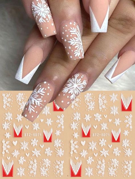 2pcs White Snowflake French Nail Stickers Winter Embossed Nail Art Decals Christmas Self Adhesive Engraved Sliders Manicure Decorations Multicolor    PVC Animal,Christmas,Geometric Pattern Stickers   Nail,Hand & Foot Care, size features are:Bust: ,Length: ,Sleeve Length: Nail Art Decals, Nail Art Stickers Decals, French Nail Art, French Nail Designs, Snowflake Nails, Really Cute Nails, Christmas Nails Acrylic, Winter Nail Designs, Xmas Nails