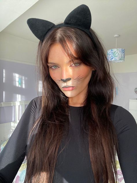 Picture of girl wearing cat ears, with cat make up on which includes whiskers, a black nose and white highlighting around the mouth. Cat Halloween Face Makeup, Basic Cat Makeup, Cat Custom Halloween, Scary Black Cat Costume, Cat Makeup Halloween Simple, Realistic Cat Makeup, Cat Halloween Costume Makeup, Easy Diy Cat Costume, Cat Nose Makeup