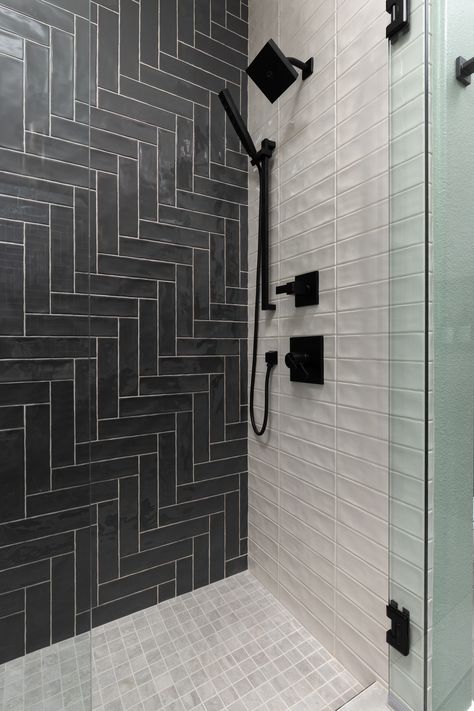 Black Herringbone Tile Shower Wall, 2 Tile Shower Wall, Accent Wall Shower Master Bath, Pool Bath Shower Tile, Zig Zag Shower Tile, Black Bathroom Tile Shower Wall, Straight Herringbone Shower Tile, 2x2 Shower Floor Tile, Black Subway Tile Shower Bathroom