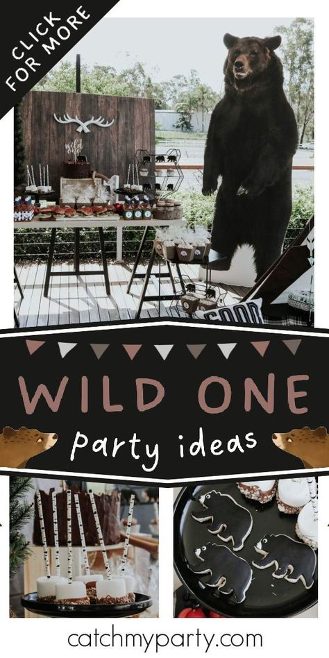 Don't miss this awesome Wild One Birthday Party! The bear cookies are so cool! See more party ideas and share yours at CatchMyParty.com Grizzly Bear Birthday Party, Black Bear First Birthday Party, Black Bear Party Ideas, Lumberjack Party Ideas, 1st Birthday Boy Party Ideas, Wild One 1st Birthday Party, Birthday Boy Party Ideas, 1st Birthday Boy Party, Woodland Cakes