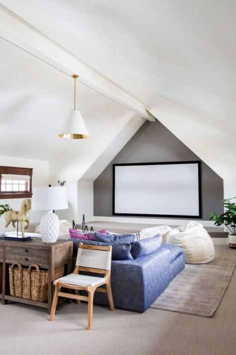 BECKI OWENS— How to Create the Modern Media Room Bonus Room Guest Suite, Guest Room Media Room Combo, Playroom Movie Room Combo, Playroom Media Room Combo, Bonus Room Guest Room Combo, Playroom Attic, Becky Owens, House Playroom, Bonus Room Design