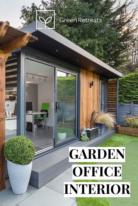 Garden Office Ideas Workspaces, Garden Design Office, Outside Room Ideas Backyards, Modern Garden Buildings, Garden Home Office Interiors, Outdoor Office Design, Outside Studio Ideas, Garden Office With Pergola, Summer House Office Ideas