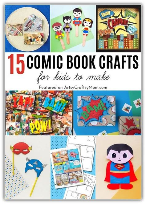 Art Book Activities, Comic Book Crafts For Preschool, Comic Book Crafts For Kids, Super Hero School Ideas, Comic Book Activities, Book Crafts For Kids, Comic Crafts, National Comic Book Day, Comic Book Crafts