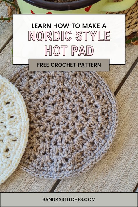 Embrace the simplicity and elegance of Scandinavian style with the Freyja crochet hot pad. This round, easy-to-make pattern is perfect for beginners and seasoned crocheters alike. With its clean lines and minimalist design, it brings a touch of Nordic charm to your kitchen decor. The Freyja hot pad provides both functionality and style, making it an essential accessory for protecting your surfaces. Download the free pattern and start crocheting your own Scandinavian masterpiece today! Crochet Round Pot Holders Free Pattern Easy, Crochet Hot Plate Mat, Cute Crochet Hot Pads, Round Potholder Crochet Pattern Free, Round Trivet Crochet Pattern, Crochet Round Hot Pads, Crochet Hot Pot Holders, Crochet Round Hot Pads Free Pattern, Vintage Potholders Free Pattern