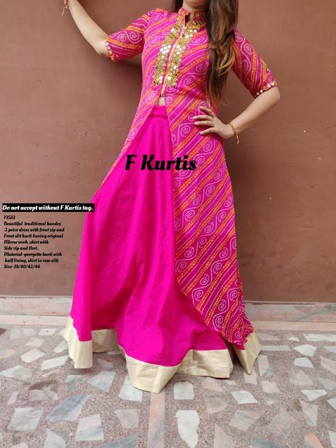 For order ping me 9000689183 Simple Bandhani Kurti Designs, Latest Bandhani Dress Pattern, Lahariya Dress, Bandhani Dress Pattern, Bandhani Dresses, Saree Reuse, Floral Skirt Outfits, Bandhani Dress, Kaftan Designs