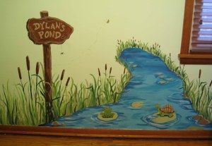 Pond Nursery Theme, Treehouse Playroom, Pond Nursery, Jungle Themed Bedroom, Waterfall Scenery, Newborn Room, Frog Theme, Nursery Mural, Nursery Room Inspiration