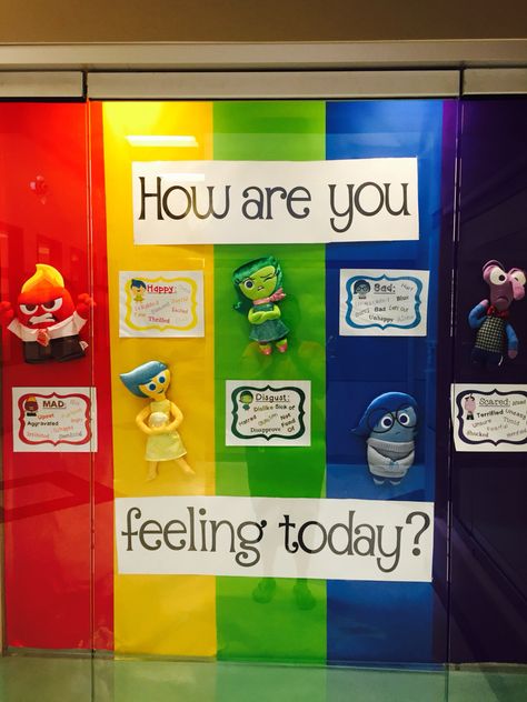 Inside Out bulletin board using plush figures purchased at Walmart! Inside Out Bulletin Board, Bulletin Boards For Elementary, Counseling Bulletin Boards, November Bulletin Boards, Disney Themed Classroom, Fall November, Zones Of Regulation, Disney Classroom, Elementary Counseling