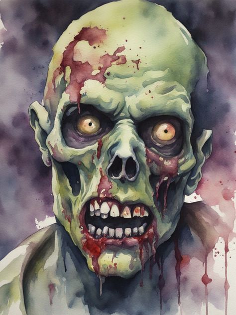 Experience the haunting allure of the undead with our captivating decoupage paper featuring a zombie face in watercolor! Delve into a world of eerie beauty and macabre fascination as you explore the intricate details of each sheet. Perfect for adding a touch of zombie chic to your crafting projects, this high-quality decoupage paper is ideal for creating Halloween decorations, spooky art pieces, and unique home decor with a twist of undead elegance. The watercolor rendering of the zombie face brings a delicate yet eerie charm to your crafts, infusing them with a mystical and mesmerizing quality. Embrace the dark and alluring spirit of the "Undead Elegance" watercolor zombie face decoupage paper and let your creativity wander through the shadows of the undead with a touch of artistic flair. Halloween Zombie Drawing, Zombie Face Reference, Horror Watercolor Paintings, Zombie Face Drawing, Halloween Character Art, Swamp Thing Art, Zombie Inspiration, Zombie Character Design, Horror Paintings Easy