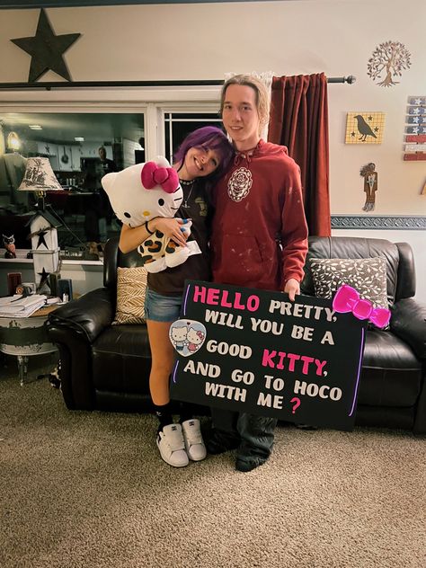 Hoco Poster Ideas Homecoming Proposal Hello Kitty, Hoco Hello Kitty Poster, Panda Promposal, Prom Proposal Hello Kitty, Deadpool Hoco Proposal, Nerdy Hoco Proposals, Emo Hoco Proposals, Hello Kitty Promposal Poster Ideas, Hello Kitty Hoco Poster