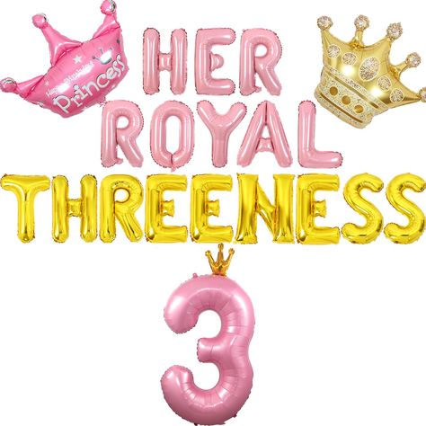 PRICES MAY VARY. 👑3rd birthday party decor👑You will get 1*75*82 pink crown foil balloon, 1*40 inch pink number 3 foil balloon, 1*75*63cm crown foil balloon, 1*16 inch pink HER ROYAL foil balloon and 1*16 inch gold THREENESS foil balloon. ⭐Her royal threeness theme⭐Her royal threeness theme of cute and elegant 3 year old girls birthday decorations are loved by little girls. The gold pink crown balloons with pearlescent colours are very vibrant and will make your little girl look like a little p Third Birthday Princess Theme, Her Royal Threeness Birthday Decorations, 3rd Birthday Party Princess, 3 Year Birthday Theme Pink, Princess Party Three Year Old, Once Upon A Time 3rd Birthday Party, 4 Year Princess Birthday Party, Third Princess Birthday Party, Princess Birthday Party Three Year Old