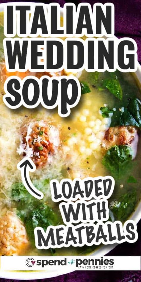 Anyone can make this delicious and easy Italian wedding soup recipe. Mix up some chicken or turkey meatballs and add them to the pot. This wonderful soup is loaded with pasta, vegetables, and spinach. Keep it warm in a Crockpot and let guests help themselves. This nourishing soup is full of savory goodness. #italianweddingsoup #easy #recipe #soup #spendwithpennies Italian Wedding Ceremony, Easy Italian Wedding Soup, Wedding Soup Recipe, Italian Wedding Soup Recipe, Wedding Soup, Spend With Pennies, Instant Pot Soup Recipes, Italian Soup, Low Carb Soup