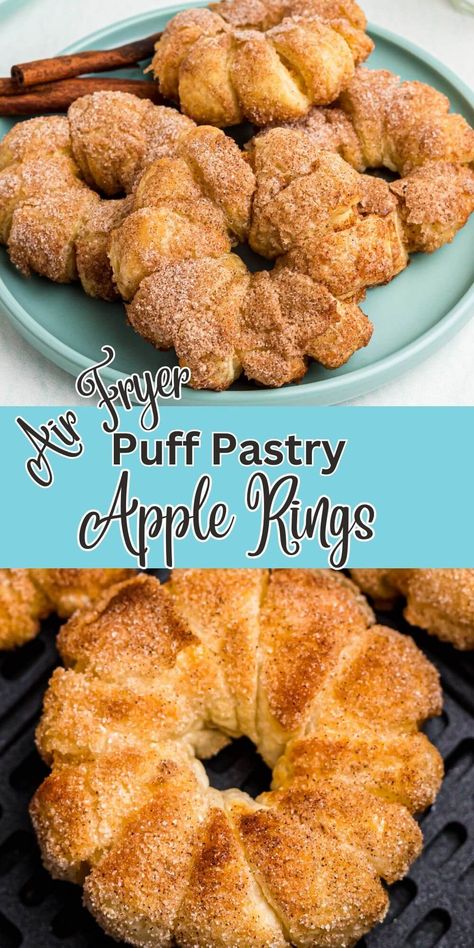 These air fryer puff pastry apple rings are a fun and easy way to get a delicious apple dessert, without having to make an entire pie! Puff Pastry Apple Donuts Recipe, Apple Puff Pastry Rings, Apple Ring Donuts Recipe Air Fryer, Apple Donut Rings, Apple Ring Puffs, Apple Pie Rings With Crescent Rolls, Apple Ring Puff Pastry, Apple Rings Air Fryer, Apple Pastry Rings