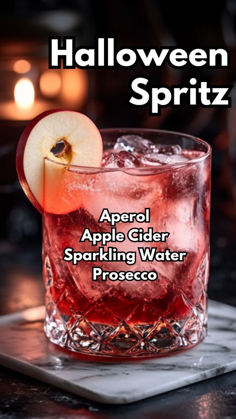 Halloween Spritz Perfect Aperol Spritz, Spooky Aperol Spritz, Apple Aperol Spritz, Halloween Party Drink Ideas For Adults, Autumn Prosecco Cocktails, Spooky Season Cocktails, Cocktail With Aperol, Halloween Dry Ice Drinks, Cute Fall Cocktails