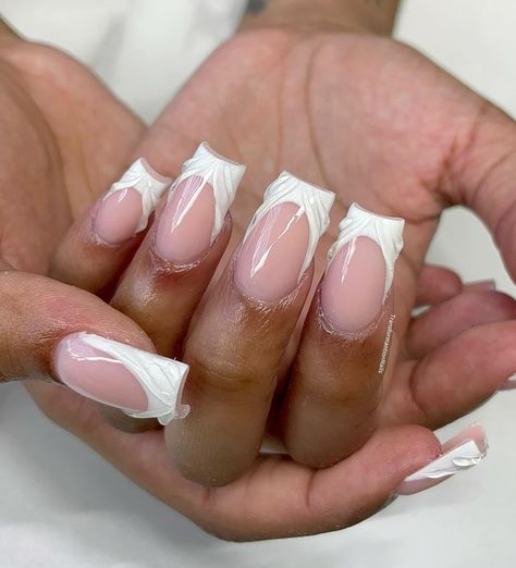 Acrylic French tips with 3D swirls 💕 PRICE: k650 Nails done by @transformation.beautystudio Pamper yourself by booking an appointment with us For bookings contact us on +260972022050 or book online by clicking link in bio #acrylic nails #lusakazambia #nails2inspire #nailcontentcreator #nailsonfleek #instagram #frenchtips #reels #dailynails #smallbusinessmarketing #transformationbeautystudio #frenchtips #ᴀᴜʀᴀɴᴀɪʟs 💅🏼 #smallbusiness #contentcreator #nailtutorials #nailporn #classy #followfo... French Nails With Swirls, Wavy French Tip Nails, 3d French Tip Nails, French Tip Swirl Nails, White French Nails, Acrylic French, New Nail Trends, White French Tip, Nails Done