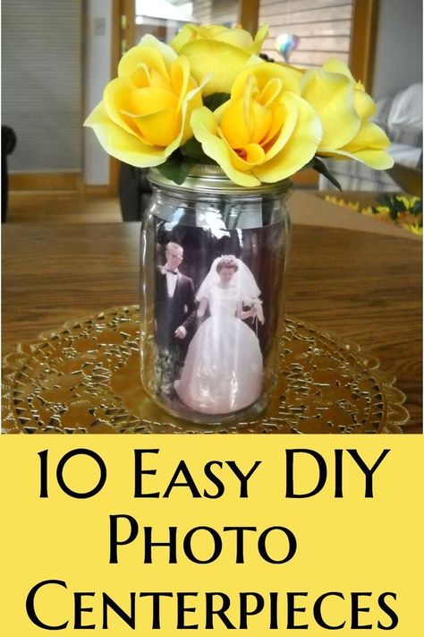 Easy Table Centerpieces, Picture Centerpieces, 60th Wedding Anniversary Party, Photo Centerpieces, Anniversary Centerpieces, 80th Birthday Party Decorations, 50th Year Wedding Anniversary, 60th Anniversary Parties, 50th Wedding Anniversary Decorations