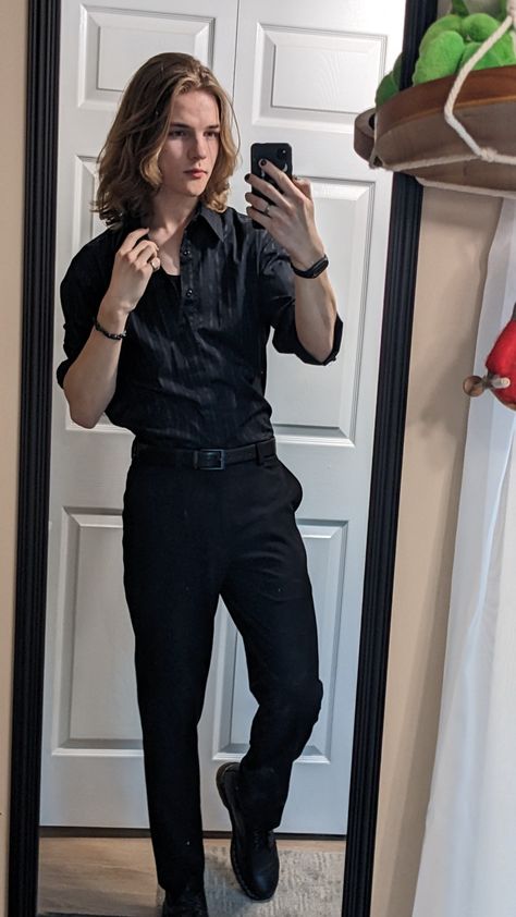 Mens Outfits Long Hair, Black Formal Clothes Men, Dark Semi Formal Outfit Men, Guy In Feminine Clothes, Professional Goth Work Outfits Men, Masc Lesbian Outfits Black Tie, Mens All Black Formal Outfit, Edgy Formal Outfits Men, Hoco Outfit Ideas For Guys Semi Formal