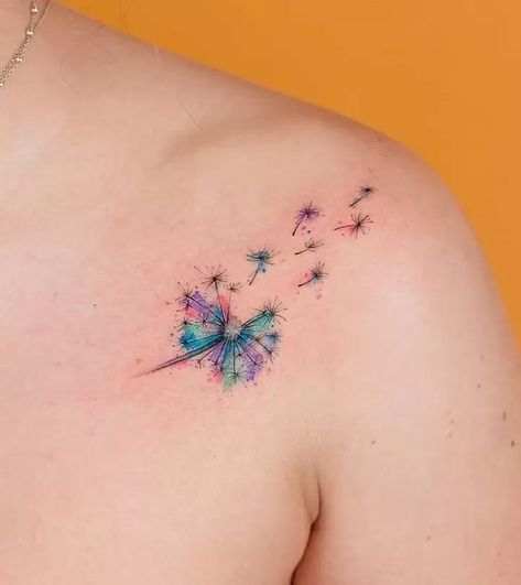 Dandelion Tattoo Design Watercolor, Blowing Dandelion Watercolor Tattoo, Finger Tattoos Dandelion, Dragonfly With Dandelion Tattoo, Watercolour Dandelion Tattoo, Dandelion Tattoo Collar Bone, Dragonfly And Dandelion Tattoo, Colorful Dandelion Tattoo, Color Dandelion Tattoo