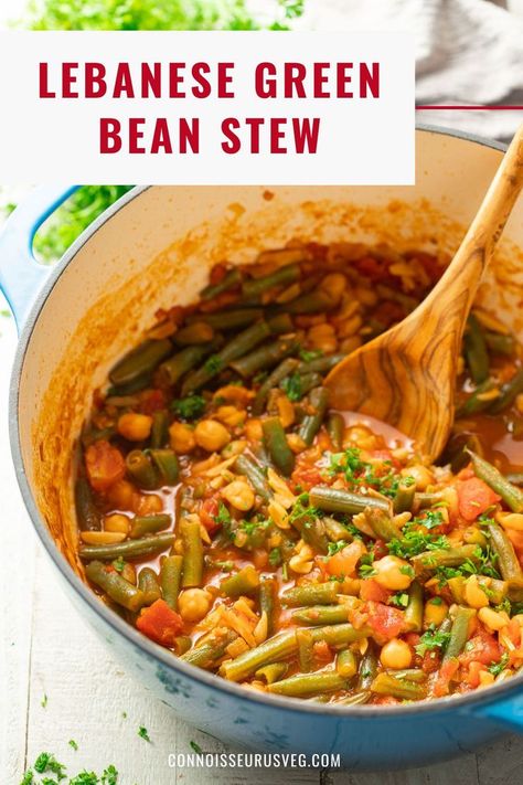 Green beans, tomatoes, almonds and chickpeas are simmered up in a lightly spiced tomato base to make this cozy and flavorful Lebanese-inspired green bean stew. It's comforting, healthy and delicious! Green Bean Stew, Green Beans Tomatoes, Bean Stew, Green Bean, Chickpeas, Green Beans, Stew, Tomatoes, Green