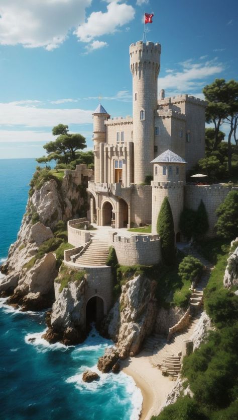 Castle Overlooking Ocean, Castle Near Ocean, Mermaid House Exterior, Fantasy Island Castle, Mediterranean Castle Aesthetic, Ocean Castle Aesthetic, Minecraft Cliffside Castle, Cliff Side Castle, Fantasy Castle Exterior