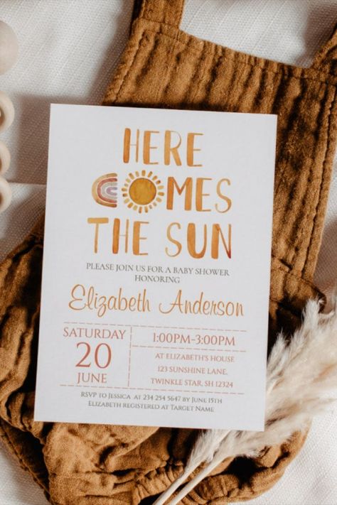 card size 5" x 7", rainbow, sun, boho, watercolor style, orange color themed Sunshine Illustration, Babby Shower, Rainbow Baby Shower Invitations, Baby Shower Pictures, Sunshine Baby Showers, Baby Shower Theme Decorations, Rainbow Watercolor, Sprinkle Baby Shower, Summer Baby Shower