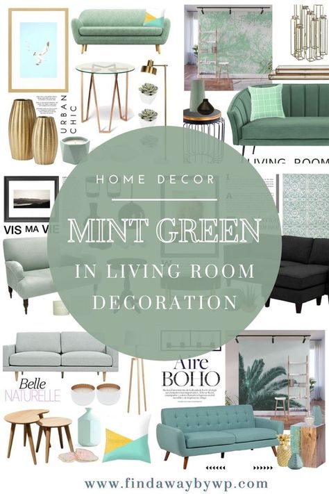 Mint green in living room decoration Green And Black Room Decor, Mint Decor Living Room, Green In Living Room, Mint Room Decor, Color In Living Room, Mint Living Rooms, Mint Green Bathrooms, Mint Green Decor, Mint Green Bedroom