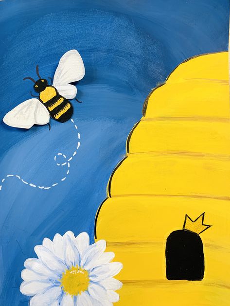 Painting Bumble Bees Acrylic, Bumble Bee Canvas Painting, Paint Bees Easy, Honey Bee Painting Easy, Bee Art Projects For Kids, Easy Spring Canvas Painting, Bumble Bee Painting Acrylic Easy, Bee Canvas Painting Easy, Spring Paintings Easy