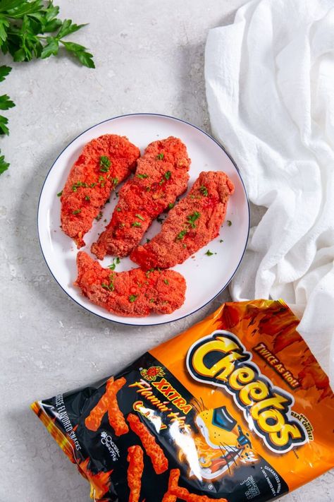 Air Fryer Flamin' Hot Cheetos Chicken Tenders Cheetos Chicken Tenders, Hot Cheetos Chicken, Cheetos Chicken, Tiktok Chicken, Easy Chicken Tenders, Flaming Hot Cheetos, Shake N Bake Chicken, Buffalo Chicken Tenders, Homemade Ranch Seasoning