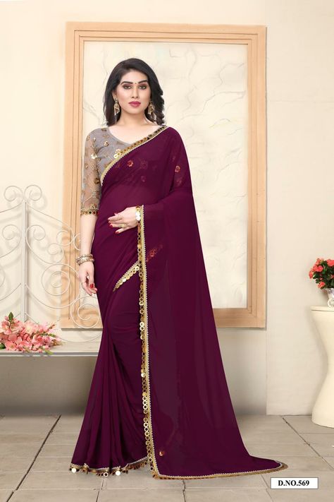 Buy This Wine Colour Beautiful Saree with Low price contact +918075331988 Saree Design Number -569 Fabric Description Leger Fabric Wine Colour Saree with Readymade Fancy Lace or Gold Colour Big Hanging Glitter Sequence Lace Blouse Fabric Details Mono Nett Zari and Sequence Embroidery Blouse Size .90 Mater Wine Colour Saree, Clothing Palette, Saree Pattern, Wine Colour, Sarees For Girls, Sequence Embroidery, Dress Materials Cotton, Print Saree, Party Wear Saree