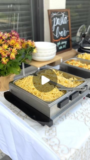 Recipes and tips for entertaining at home! on Instagram: "🍝Who would love to walk into a party and see this pasta bar set up!? 🙋🏻‍♀️ I know I would! 🤗 . This buffet-style setup is perfect for a group of 20 or much more! You can add a pesto sauce, bolognese or even a piccata sauce to be fancy! 😉 . Toppings can be simple with Parmesan cheese and basil or you can go nuts with grilled chicken, meatballs or shrimp! . Add ravioli and or tortellini for a cheesy addition! Consider adding a chickpea pasta varieties for GF guests!! . The PASTAbilities are endless! What am I missing?? . 💬Comment “LINK” for a link to this pasta bar post and a link to the pasta warmers and triple crock I used!! 😉 . #pastabar #pastaparty #hostingaparty #hostingtips #pasta #pastalover #entertainingideas  . https:/ Create Your Own Pasta Bar, Spaghetti Bar Party, Pasta Buffet Ideas, Pasta Bar Ideas Buffet, Build Your Own Pasta Bar, Wedding Pasta Bar, Diy Pasta Bar, Pasta Bar Ideas, Buffet Bar Ideas