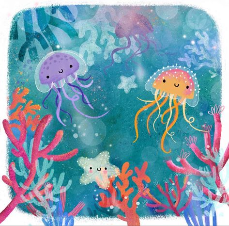 Under The Sea Canvas Painting, Ocean Illustration Underwater, Under The Sea Drawing, Under The Sea Mural, Under The Sea Drawings, Sea Murals, Coral Painting, Fish Christmas, Ocean Drawing