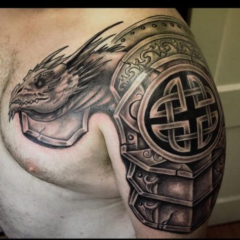 Celtic Armor Tattoo, Shoulder Armor Tattoo Design, Armor Sleeve Tattoo, Celtic Sleeve Tattoos, Viking Tattoos For Men, Armour Tattoo, Hammer Tattoo, Shoulder Armor Tattoo, Body Armor Tattoo