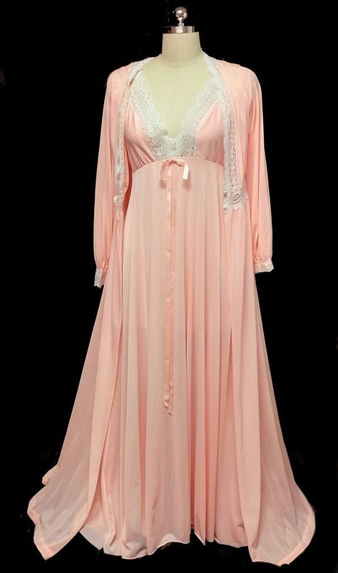 "ORIGINAL PRICE $699.99 EASY LAYAWAY IS AVAILABLE A luscious vintage Olga spandex lace grand sweep Hollywood style peignoir and nightgown set in Peaches 'N Dreams. The color of the peignoir set is a very feminine peach shade adorned with white and peach spandex lace. the lace travels around the neckline down to the waist. The ends of the sleeves hug the wrists for a beautiful look. Two covered buttons at the spandex lace waist for closure.  The peignoir is a Hollywood-style peignoir with a nylon Sewing Tulle, Nightgown Vintage, Sleeping Gown, Bridal Slippers, Nightgown Set, Bridal Nightgown, Nightgown Sets, Peignoir Sets, Hollywood Style