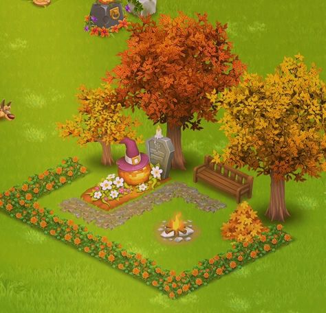 Halloween Hayday Ideas, Fall Hayday Farm, Hayday Farm Design Fall, Hay Day Coffee Kiosk Design, Hay Day Halloween Design, Hayday Farm Design Halloween, Hay Day Fall Design, Hayday Autumn Design, Hay Day Autumn Design