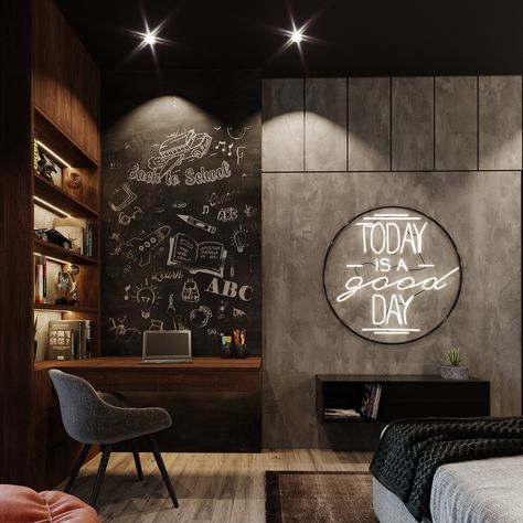 Industrial Teen Boy Bedroom, Industrial Kids Bedroom, Young Boy Bedroom Design, Young Boy Bedroom Ideas, Black Teen Bedroom, Boy Bedroom Colors, Boys Black Bedroom, Boys Bedroom Ideas Teen, Young Man Bedroom Decor