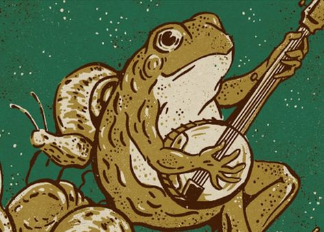 Frog With Instrument, Frog Playing Banjo On Mushroom, Frog Playing Guitar Drawing, Frog Playing Guitar Tattoo, Banjo Frog Tattoo, Frog Playing Banjo Tattoo, Bullfrog Drawing, Frog With Guitar, Frog With Banjo