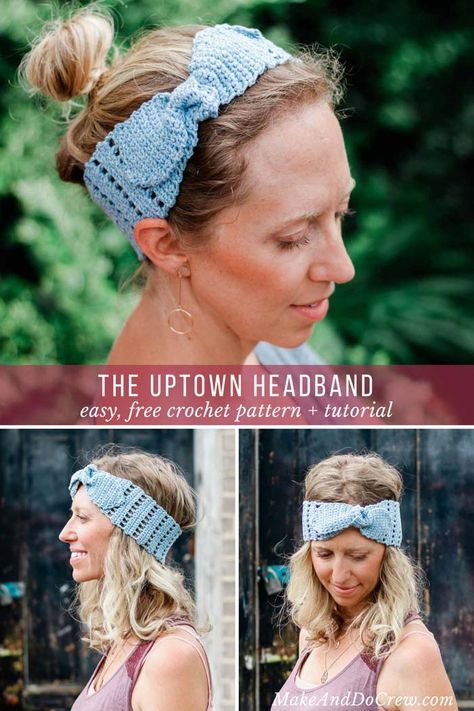 This knotted summer crochet headband for women will let you skip a shampoo and look gorgeous doing it. Whether you’re a vintage-loving gal or boho queen, this free pattern + tutorial is quick, easy and stylish. Made with cotton yarn for a modern, summer look.     #makeanddocrew #gift #crochet #lionbrand #freepattern #tutorial #vintage #knotted #boho #bohemian via @makeanddocrew Crochet Earwarmers, Crocheted Shorts, Crochet Yoga, Crochet Flower Headbands, Summer Headband, Bandeau Au Crochet, Crochet Headband Pattern Free, Make And Do Crew, Boho Queen