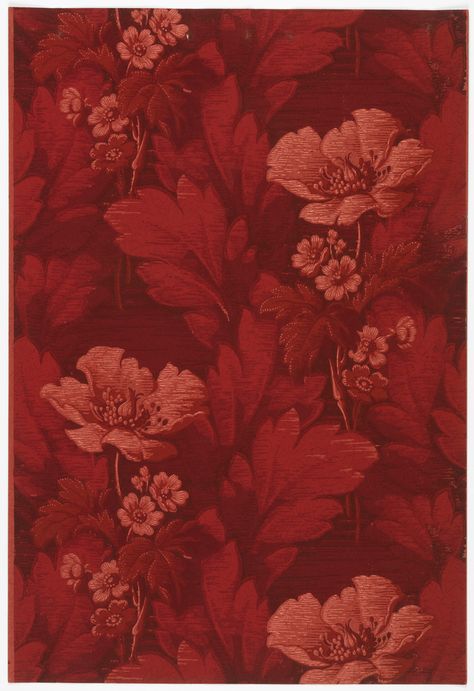 Cluster of red poppy flowers, set within dense foliage. Printed in shades of red on red ingrain paper. Red Cooper, Ingrain Wallpaper, Tropical Fabric Prints, Cooper Hewitt, Butterfly Art Painting, Glass Photography, Mughal Art, Shakti Goddess, Color Board