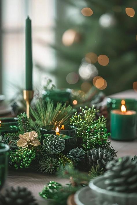 Eco-Friendly Green Christmas Decorations Ideas Emerald And Gold Christmas Decor, Gold And Green Christmas Table, Dark Green And Gold Christmas, Green And Silver Christmas Decor, Emerald Green Christmas Tree Decorations, Green And Gold Christmas Decorations, Forest Green Christmas Decor, Christmas Aesthetic Green, Christmas Table Green