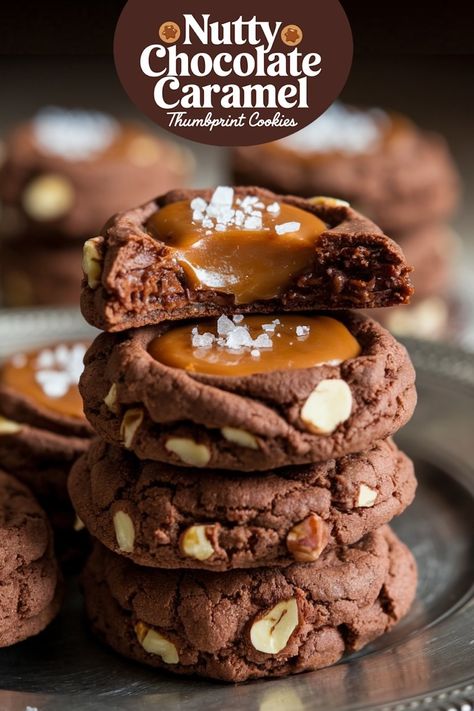 A tall stack of nutty chocolate caramel thumbprint cookies, each topped with gooey caramel and sea salt flakes, set against a vintage backdrop. Hersheys Cookies, Caramel Thumbprint Cookies, Cookies With Sea Salt, Xmas Cookies Recipes, Puffed Pastry, Chocolate Caramel Cookies, Xmas Cookie, Hershey Cookies, Christmas Yummies