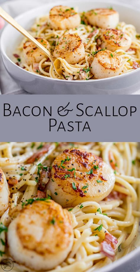 This Seared Scallop Pasta with Creamy Bacon Sauce is such an easy elegant seafood recipe. We all know that pasta carbonara is pure comfort food, but when you add shellfish to your creamy pasta noodles you turn up the notch on dinner! The sauce is a wonderful mixture of white wine, cream, onions and bacon. All mixed through spaghetti noodles and then topped with perfectly seared scallops. You can use large scallops or the smaller bay scallops here, both work and both will be delicious. Cream Onions, Scallop Recipes Pasta, Shrimp And Scallop Recipes, Bacon Scallops, Bay Scallops, Scallop Pasta, Bacon Sauce, Pan Seared Scallops, Seafood Recipe