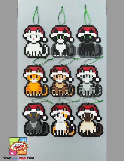 "Our HANDMADE Cat Christmas Ornaments are perfect for your CHANGE tree, or as unique gifts for your family, friends, classmates, and coworkers. ★ Each character is ORIGINAL Madam FANDOM Pixel FanArt! I pride myself on creating my own bead patterns - not relying on pre-made patterns created by others - so that I can offer you a truly unique item to gift to friends, or treat for yourself! M E A S U R E M E N T S ∙ (w x h) ▪Each cat measures 3 1/2\" x 4 1/4\" M O R E ∙ D E T A I L S ★ Each ornament Christmas Cat Perler Beads, Pearler Beads Pattern Christmas, Bead Art Christmas, Pixel Art For Perler Beads, Xmas Perler Beads, Taco Perler Bead Patterns, Hama Beads Christmas Ornaments, Christmas Ornament Perler Beads, Christmas Bead Patterns