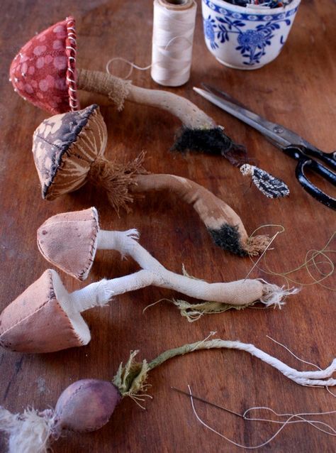 Mushroom Crafts, Ann Wood, Mushroom Art, Soft Sculpture, Samhain, Wooden Crafts, Fabric Art, Hand Stitched, Textile Art