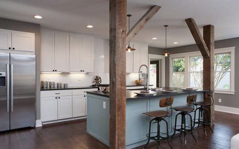 Kitchen Island With Columns, Beam Ideas, 1930s Bungalow, Beautiful White Kitchens, Office Idea, Outdoor Kitchen Countertops, Kitchen Post, Support Beam, Farmhouse Kitchen Island