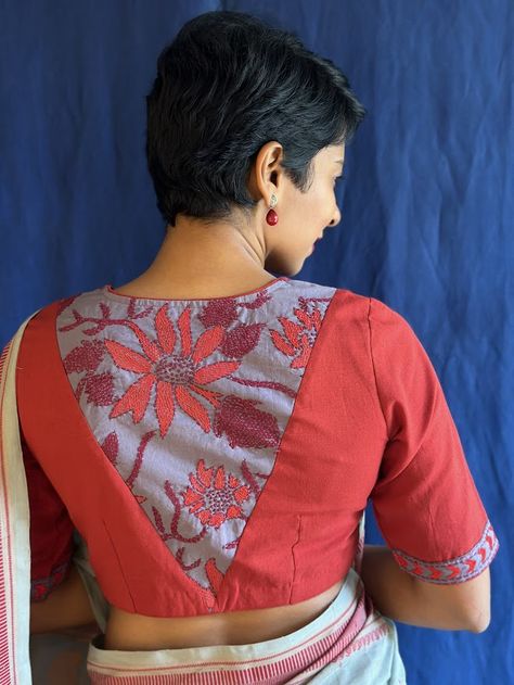 Red cotton kantha blouse  Handwoven cotton with kantha detailing Hand embroidered kantha Can be worn as a crop top with skirts and pants as well Pairs well with jewel tones  To view more similar blouses, pls click on https://aavaranaa.com/blouses/ Simple Pattern Blouse Designs, Cotton Blouse Pattern, Saree Kerala, Ikat Blouse Designs, Normal Blouse, Simple Blouses, Pattern Blouses, Ikat Blouse, Blouse Works