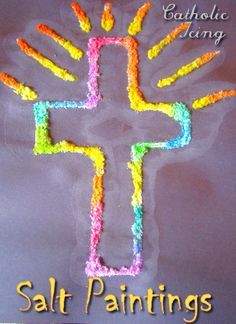 Salt Painting Cross. It's neat to watch the salt absorb and spread the paint (like the spreading of God's love) and easy enough for any age. Salt Painting, Children's Church Crafts, Catholic Crafts, Sunday School Crafts For Kids, Craft Easy, Bible School Crafts, Religious Crafts, Christian Crafts, Diy Ostern